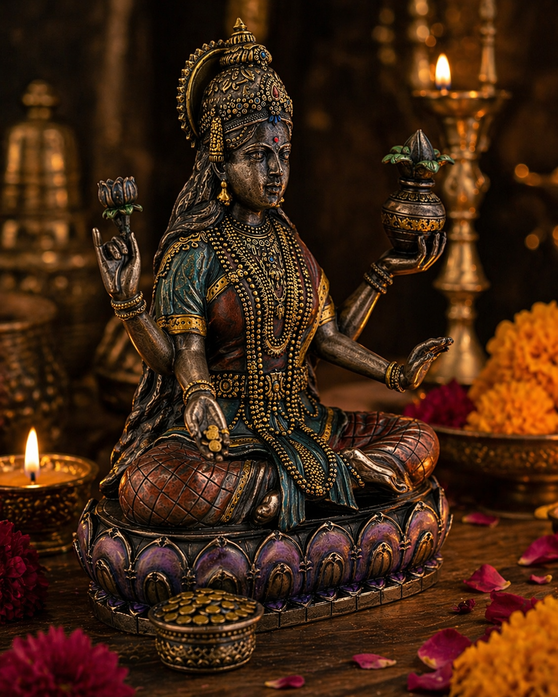 Goddess Lakshmi Lotus Statue | Divine Abundance, Prosperity & Sacred Feminine | 7" Bronze