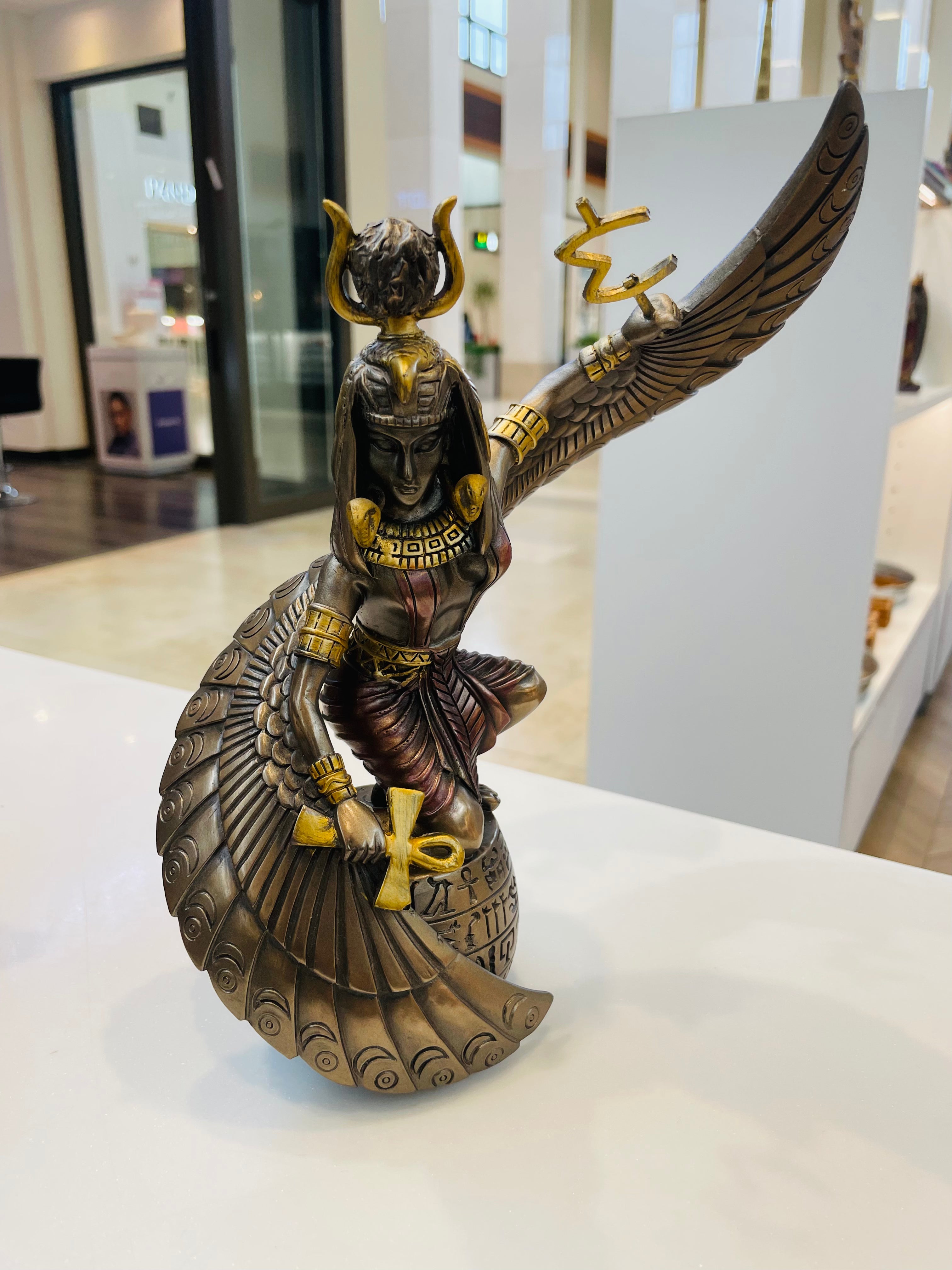 Egyptian Goddess of Motherhood and Magic Mother Isis Ra Holding Ankh with Open Wings Decorative Statue 9" H Gods and Goddesses of Egypt Figurine