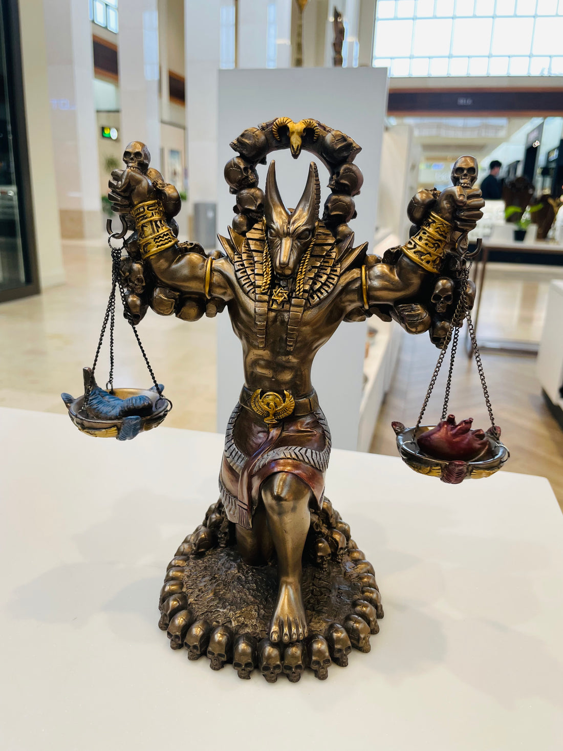 Ancient Egyptian God Anubis Statue by Ankh Altar Weighing The Heart Against Ostrich Feather Figurine 9" Tall