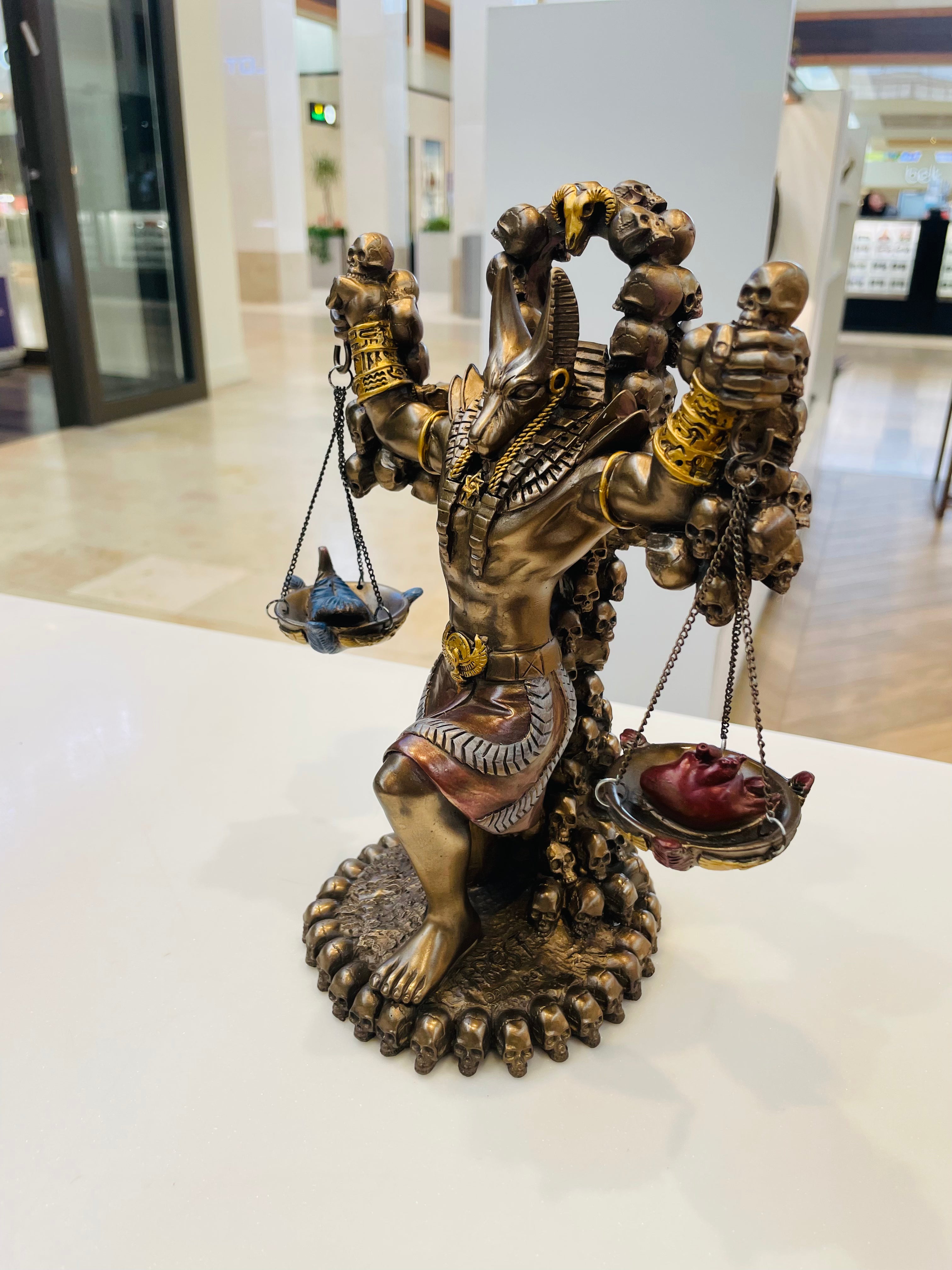 Ancient Egyptian God Anubis Statue by Ankh Altar Weighing The Heart Against Ostrich Feather Figurine 9" Tall