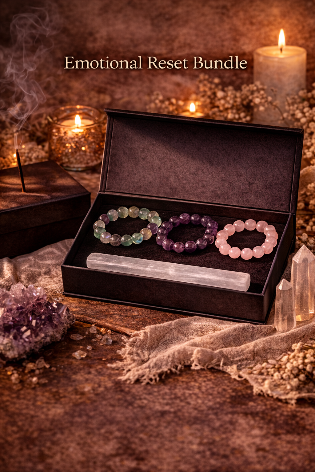 Emotional Reset Bundle | Fluorite, Amethyst, Rose Quartz &amp; Selenite | Healing, Clarity &amp; Inner Peace