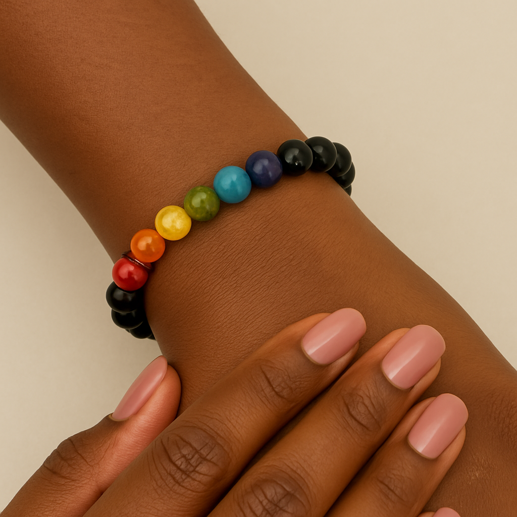 Elite Black Agate 7 Chakra Bracelet w Black Ice