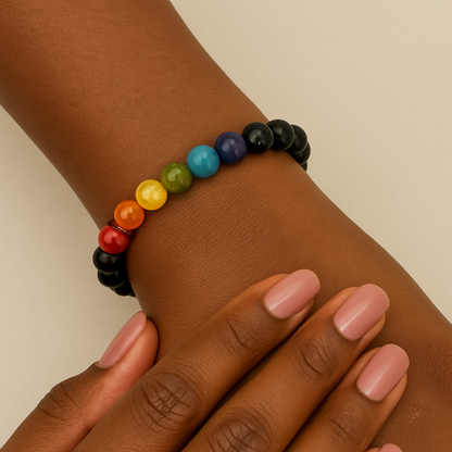 Elite Black Agate 7 Chakra Bracelet w Black Ice