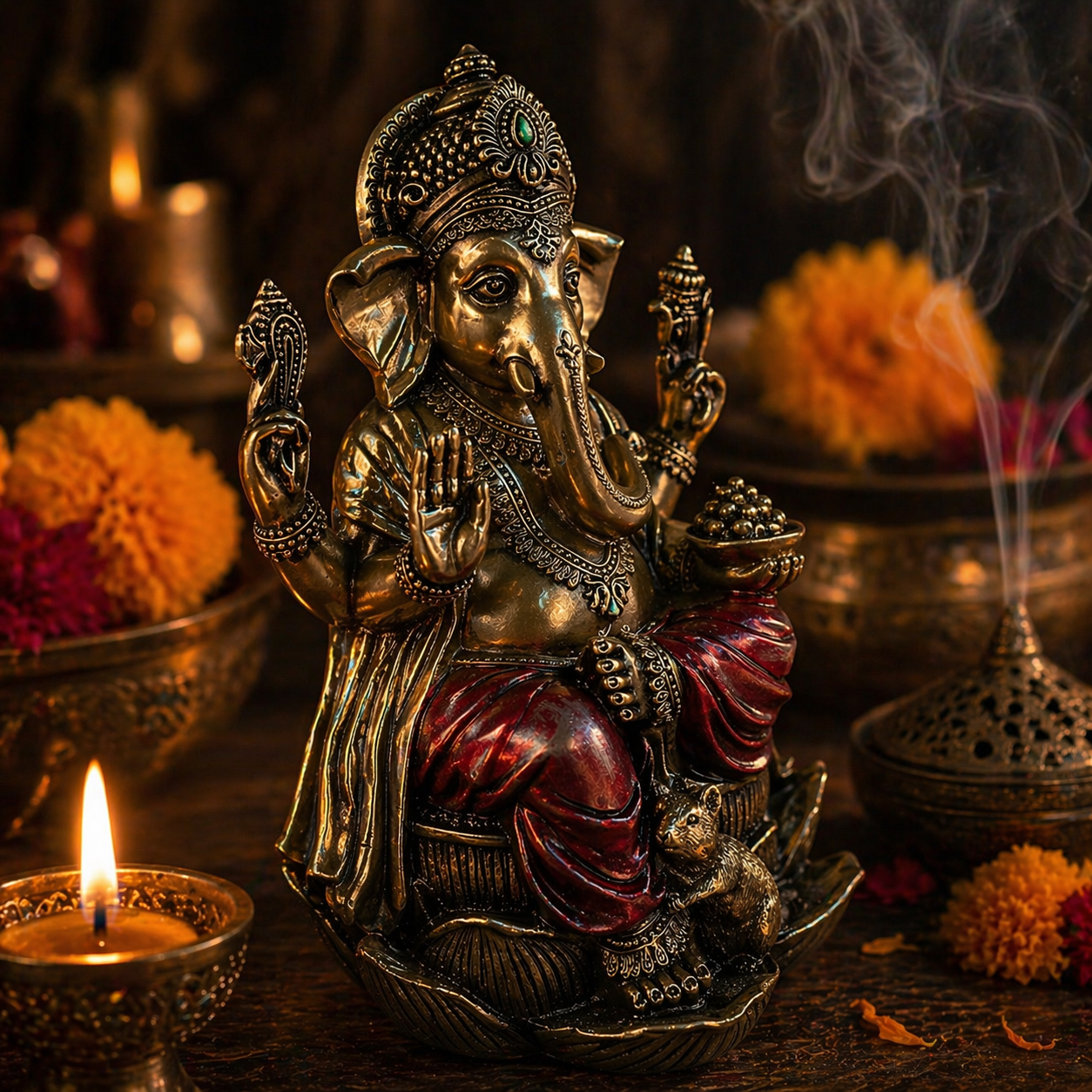 Ganesha Lotus Statue | Remover of Obstacles &amp; Lord of Success | Premium Cold Cast Resin | 7.25"