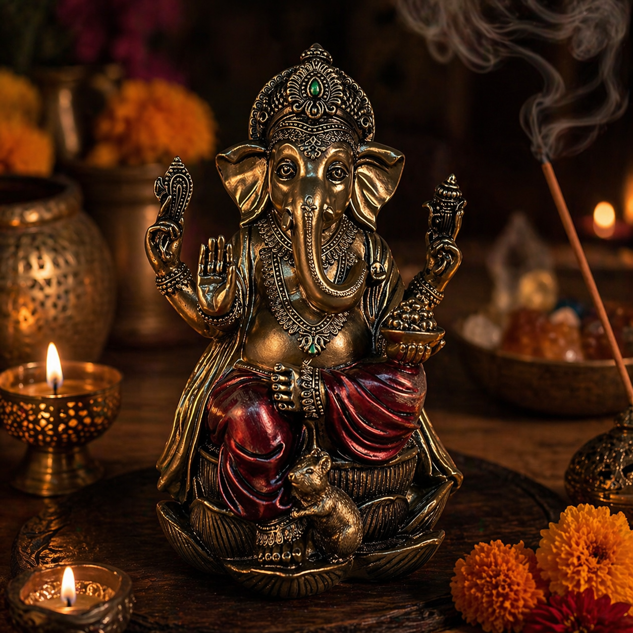Ganesha Lotus Statue | Remover of Obstacles &amp; Lord of Success | Premium Cold Cast Resin | 7.25"