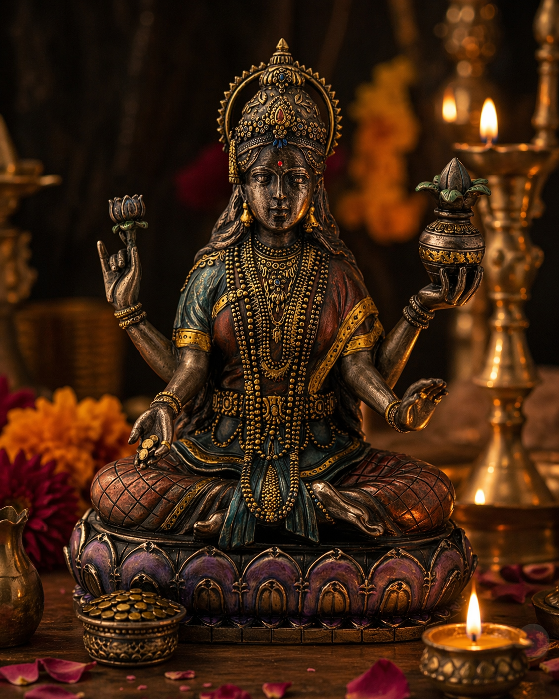 Goddess Lakshmi Lotus Statue | Divine Abundance, Prosperity &amp; Sacred Feminine | 7" Bronze